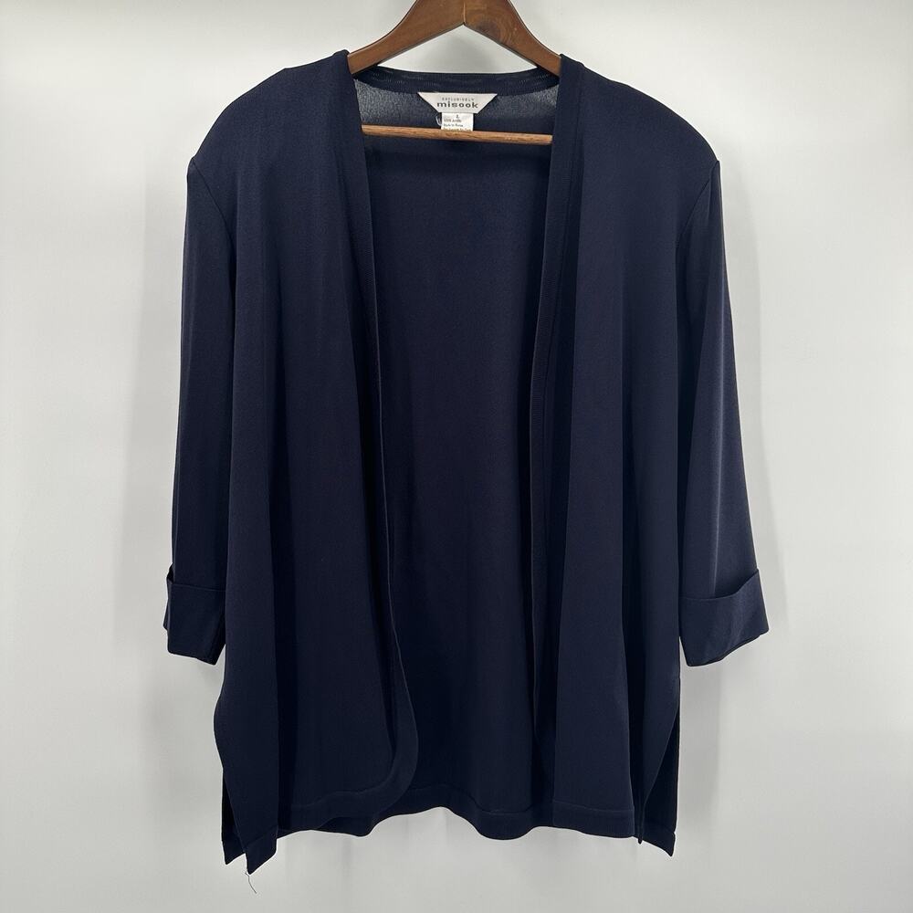Misook Cardigan Sweater Womens Large Blue Navy Open Slinky Career Church Jacket